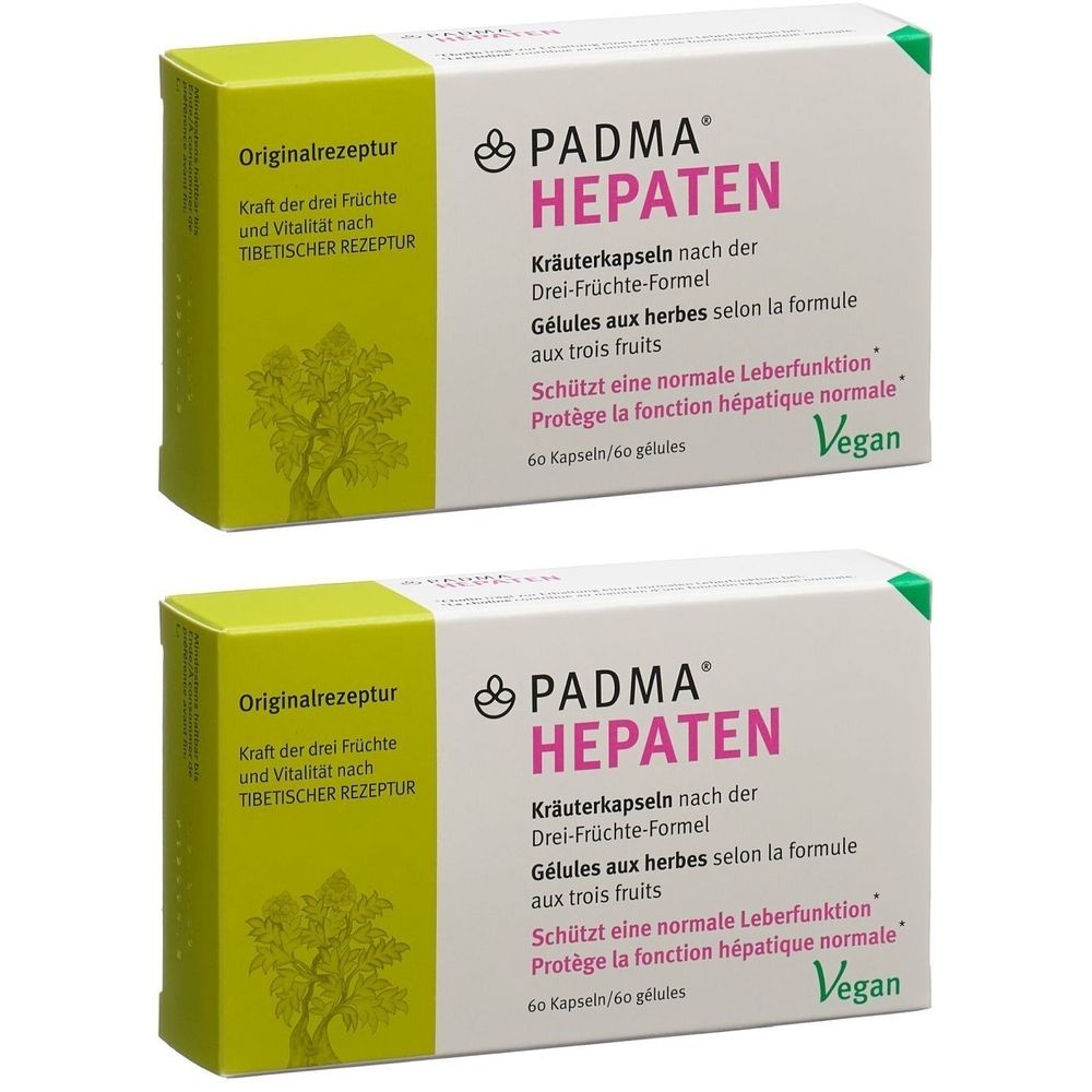 Deux boîtes de gélules PADMA HEPATEN. Boîte blanche avec accents verts et roses. Texte : Vegan, 60 gélules.