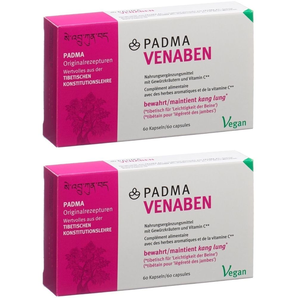 Deux boîtes de gélules PADMA VENABEN. Emballage blanc avec accents roses et texte. Label Vegan.