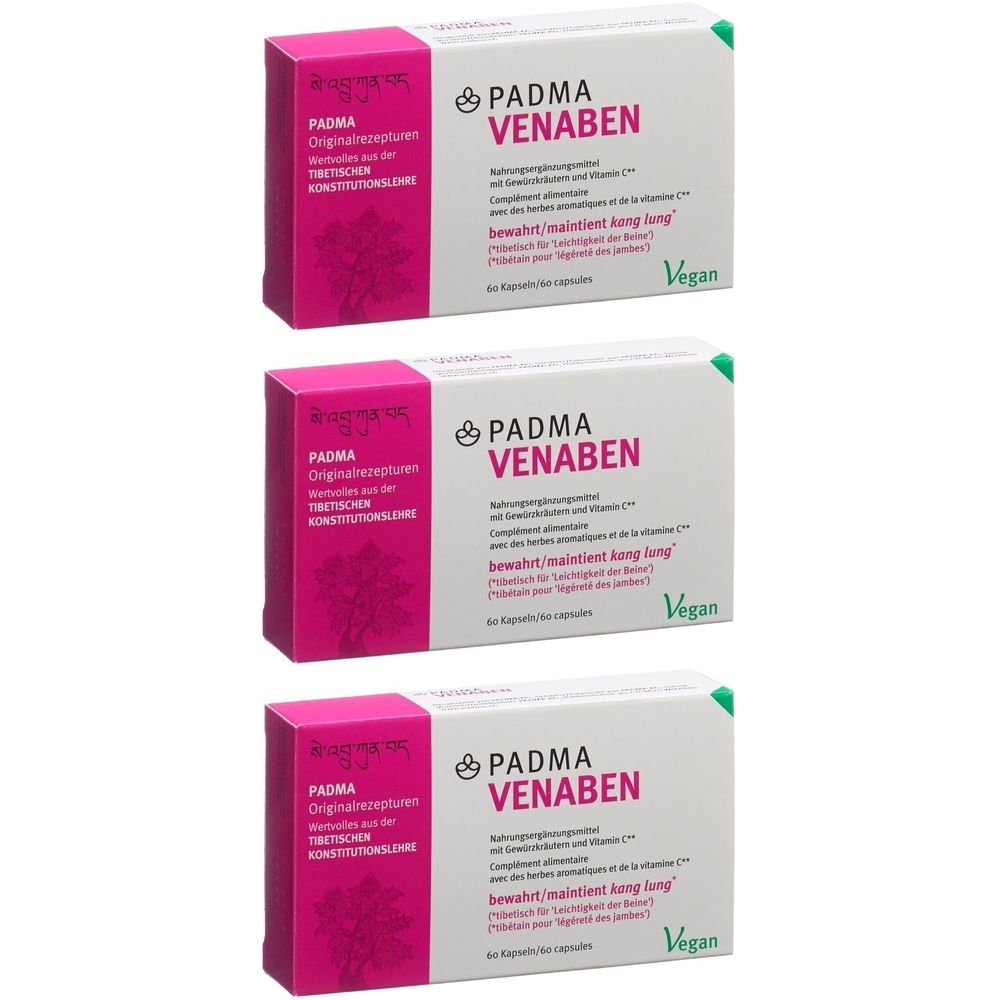 Trois boîtes de gélules PADMA VENABEN. Boîtes blanches avec des accents roses et verts. Label Vegan.