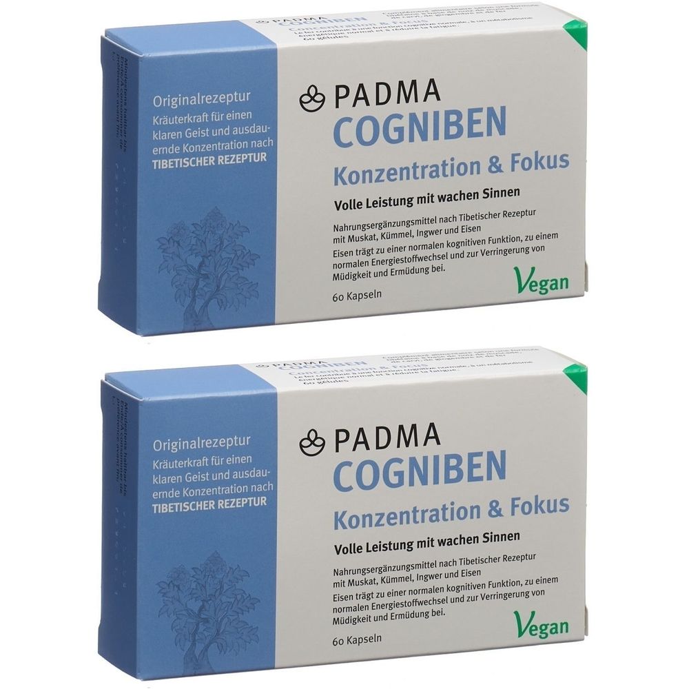 Deux boîtes de PADMA COGNIBEN. Inscription : Concentration & Focus. Contient 60 gélules. Label Vegan.