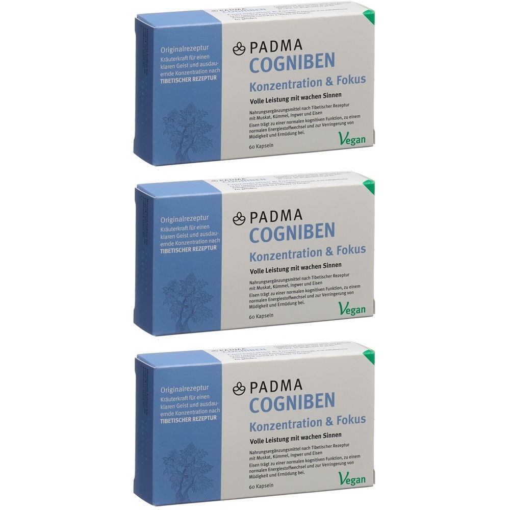 Trois boîtes de PADMA COGNIBEN. Inscription : Concentration & Focus. Label Vegan. Emballage bleu et blanc.