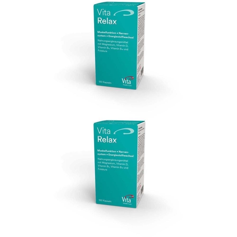 Deux boîtes "Vita Relax". Emballage turquoise et blanc avec informations et logo. Contient 60 gélules.