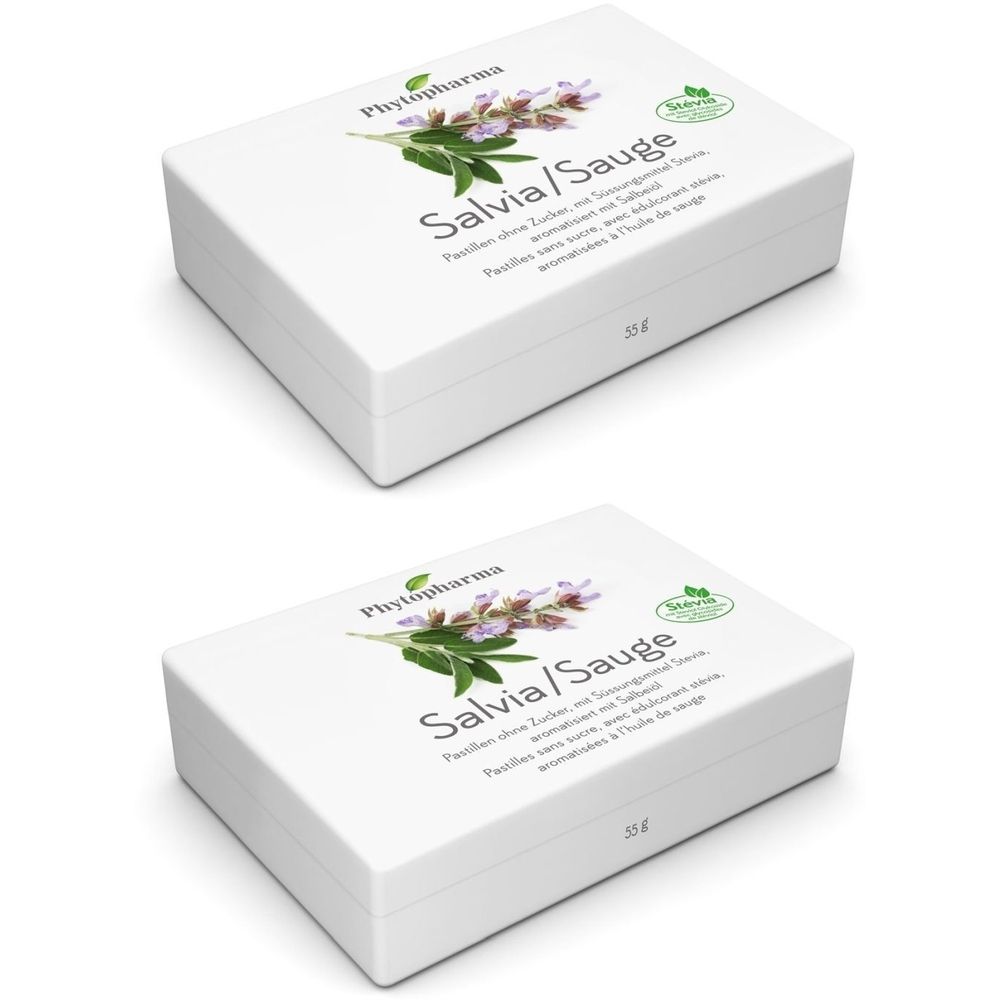Deux boîtes blanches. Inscription Salvia/Sauge, avec illustration d'herbes. Marque Phytopharma. Sceau Stevia. 15g.