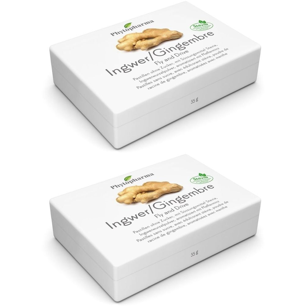 Deux boîtes blanches avec image de gingembre et inscription Ingwer/Gingembre. Inscription : Phytopharma, Fly and Drive, 33g.