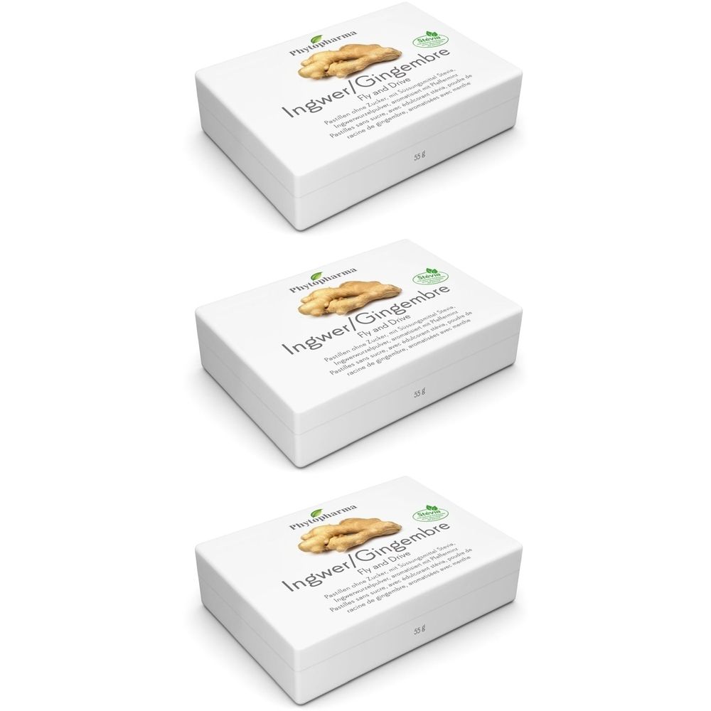 Trois boîtes blanches avec image de gingembre et texte Ingwer/Gingembre. Logo Phytopharma.