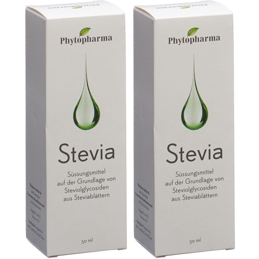 Deux boîtes blanches avec le logo Phytopharma et le mot Stevia. Inscription : Édulcorant à base de glycosides de stéviol.