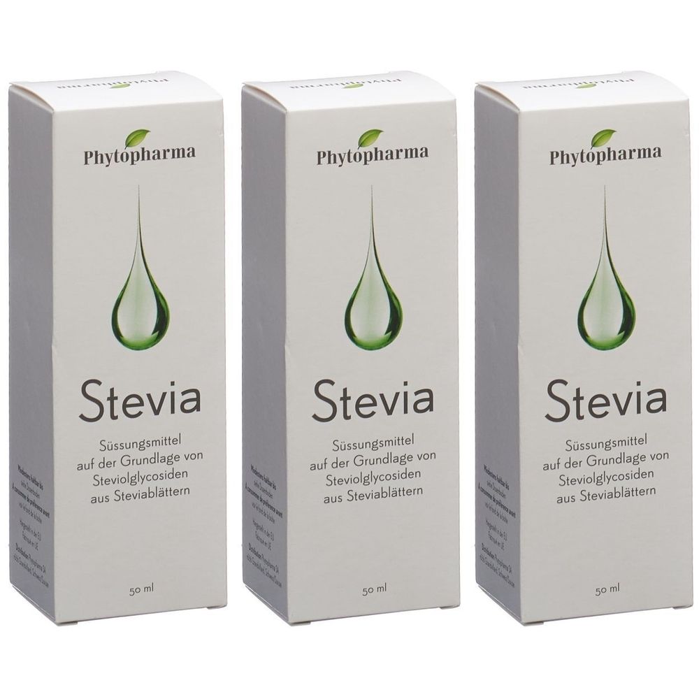 Trois boîtes blanches avec l'inscription "Phytopharma Stevia". Chaque boîte présente une goutte verte. Texte : Édulcorant à base de glycosides de stéviol.