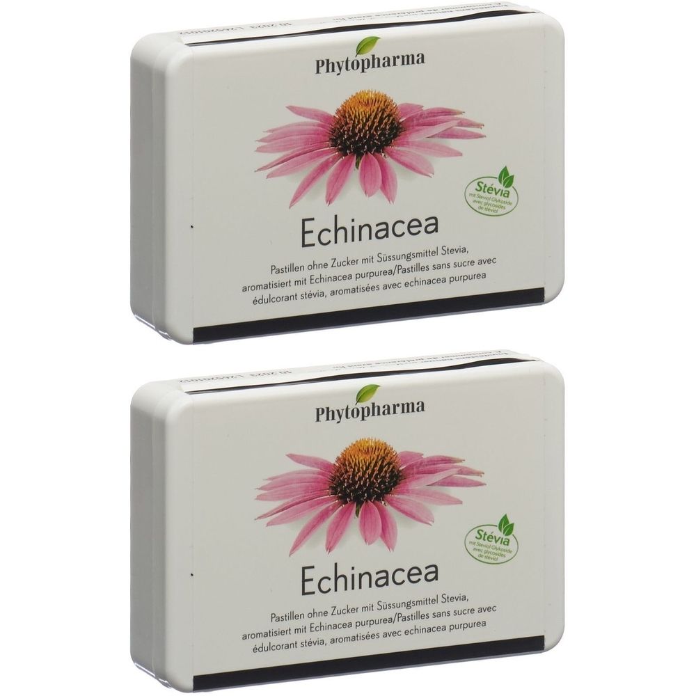 Deux boîtes avec impression du produit. Inscription : Phytopharma, Echinacea, label Stevia. Illustration d'une fleur.