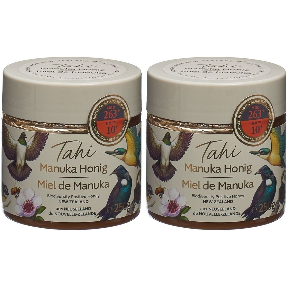 Deux pots de miel avec étiquette. Inscription : Tahi Manuka Honig, Miel de Manuka. Avec sceau UMF 10+ et MGO 263+.