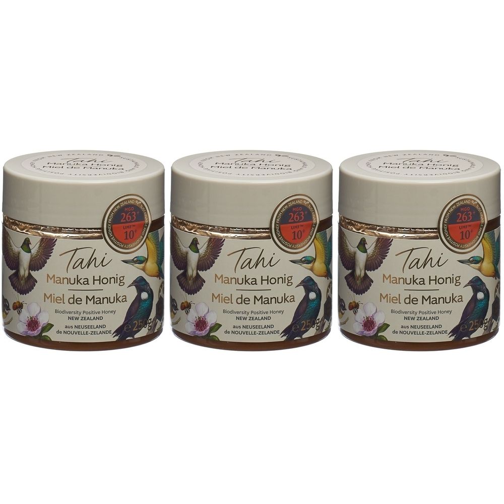 Trois pots de miel. Inscription: Tahi, Manuka Honig, Miel de Manuka. Avec logo de certification 10+ et 263.