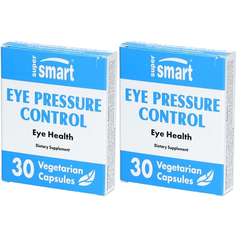 Deux boîtes de compléments alimentaires « Eye Pressure Control ». Emballage bleu et blanc avec texte et 30 gélules végétariennes.