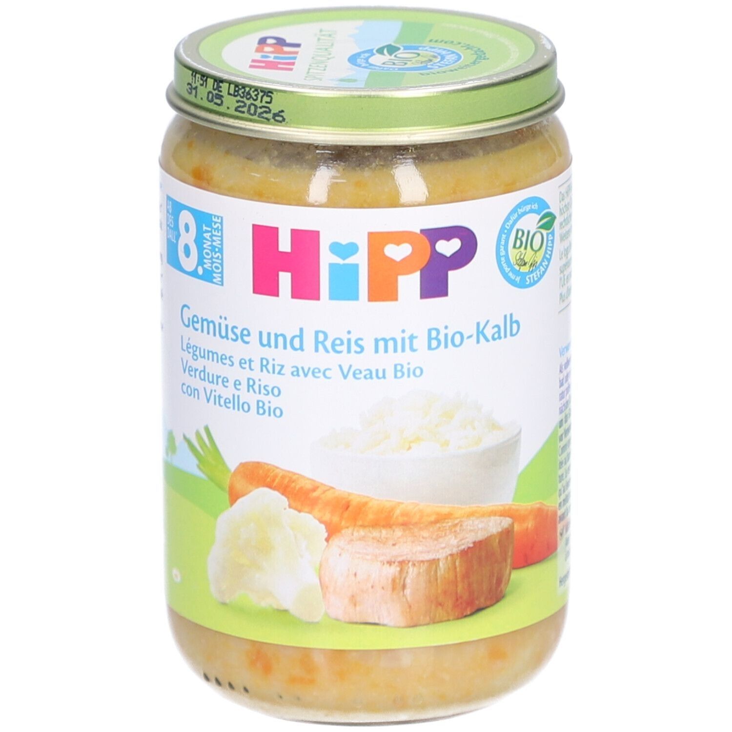 Pot de nourriture pour bébé HiPP. Inscription : Légumes et riz avec veau bio. Illustrations de légumes et de riz.