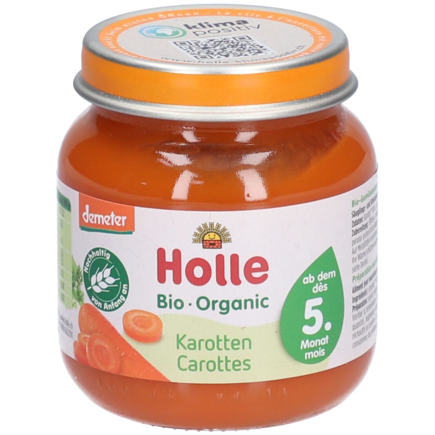 Pot de purée de carottes pour bébé. Inscription : Holle Bio-Organic Carottes. Label Demeter. Convient à partir du 5e mois.
