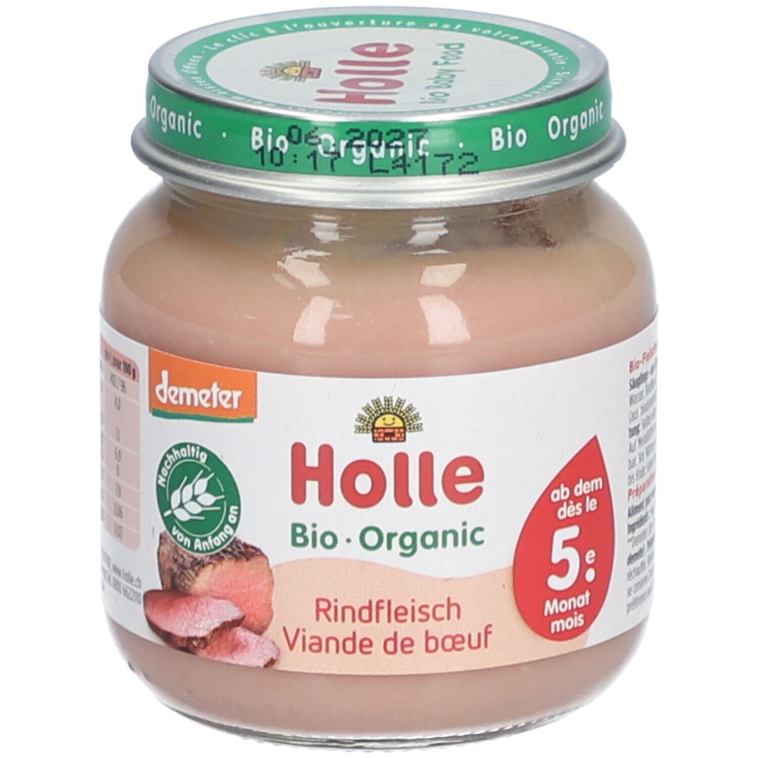 Pot de nourriture pour bébé. Inscription: Holle Bio-Organic Rindfleisch, à partir du 5e mois. Label Demeter. Couvercle vert.