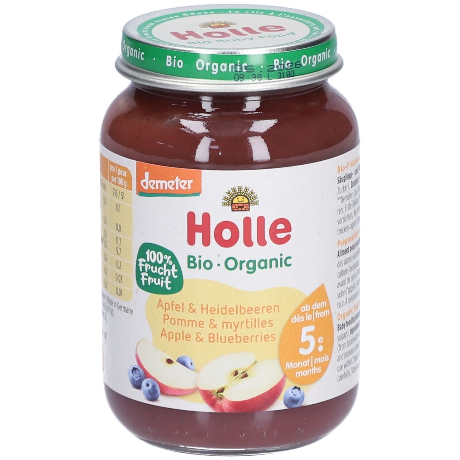 Pot pour bébé Holle Bio-Organic. Saveur pomme et myrtilles. Label Demeter. Dès 5 mois.