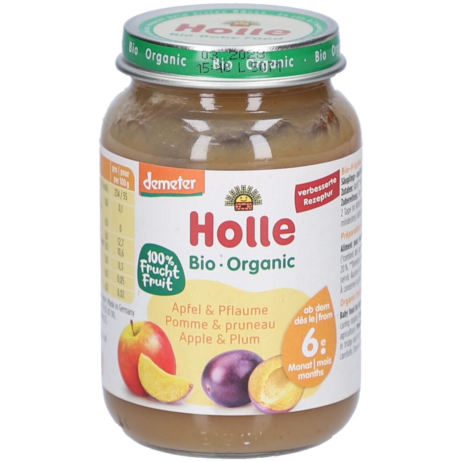 Pot de Holle Bio-Organic Pomme & pruneau. Couvercle vert, étiquette avec pomme, prune. Dès 6 mois.