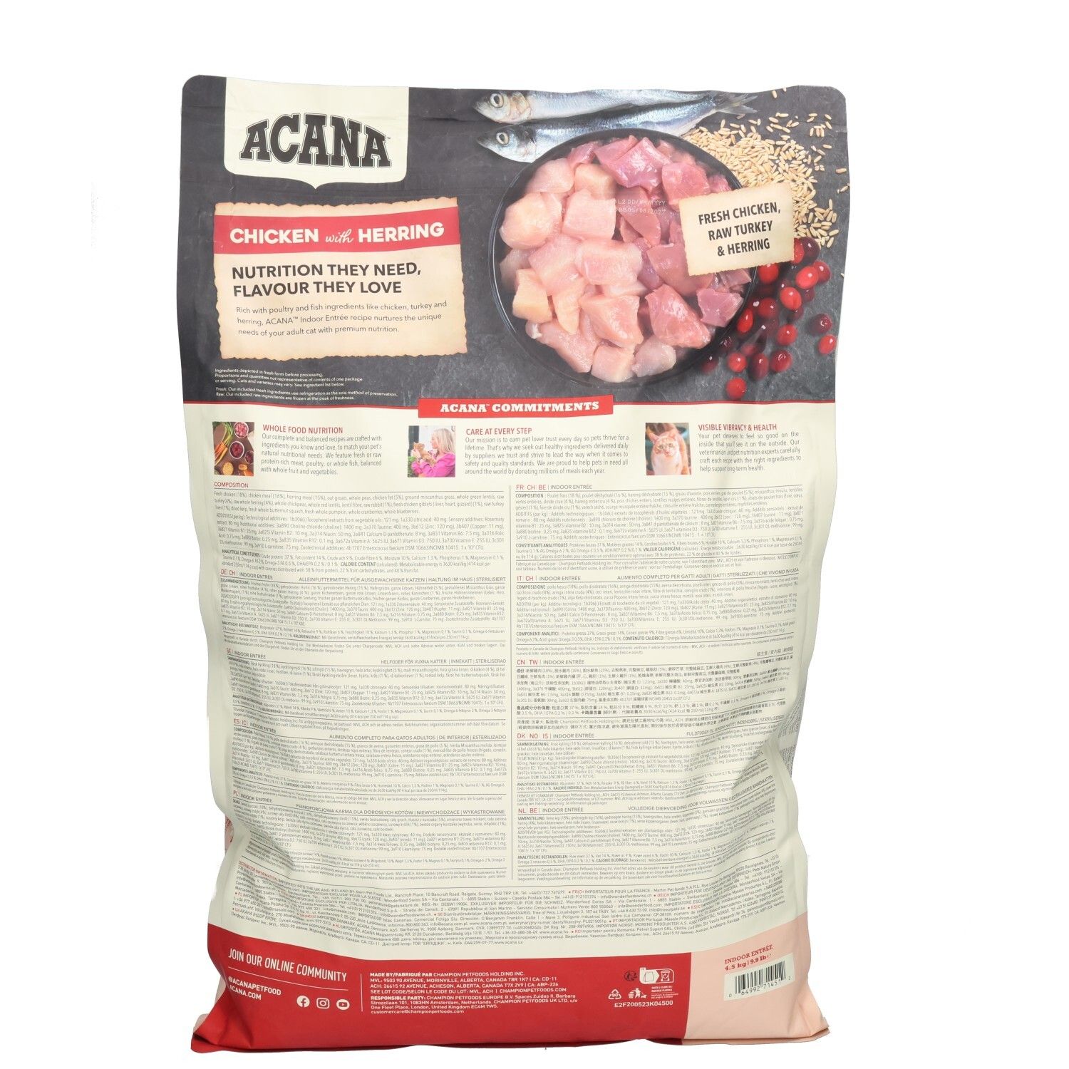 Dos d'un sac de nourriture pour chats ACANA. Contient du poulet et du hareng. Texte : Nutrition they need, flavour they love.