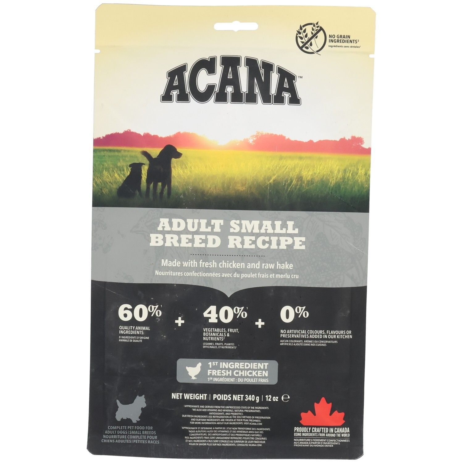 Sac ACANA DOG ADULT SMALL. Inscription: ADULT SMALL BREED RECIPE. 60% + 40% + 0%. Poulet frais. Poids net 340g.