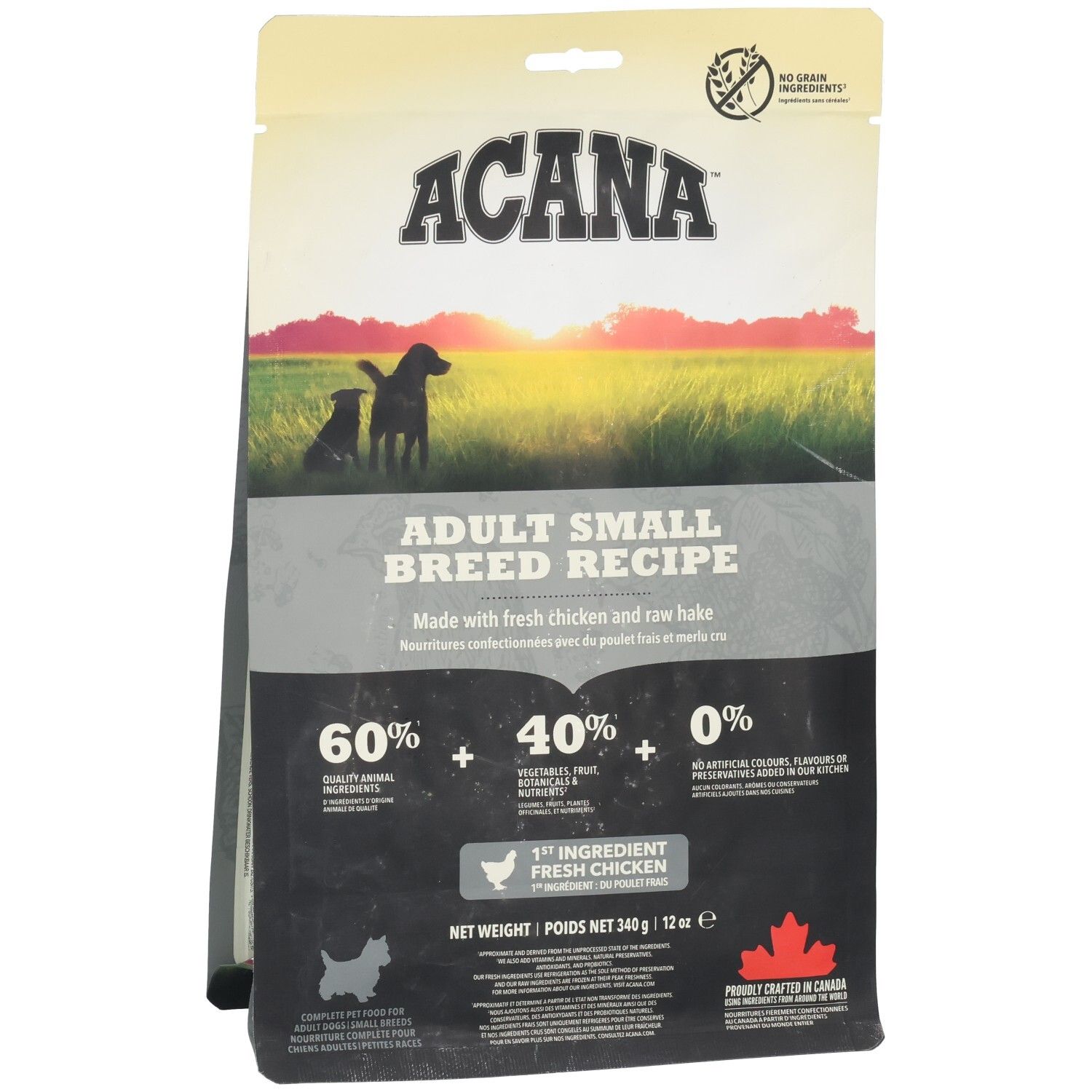 Sac ACANA DOG ADULT SMALL. Inscription: ADULT SMALL BREED RECIPE. 60% + 40% + 0%. Poulet frais. Poids net 340g.