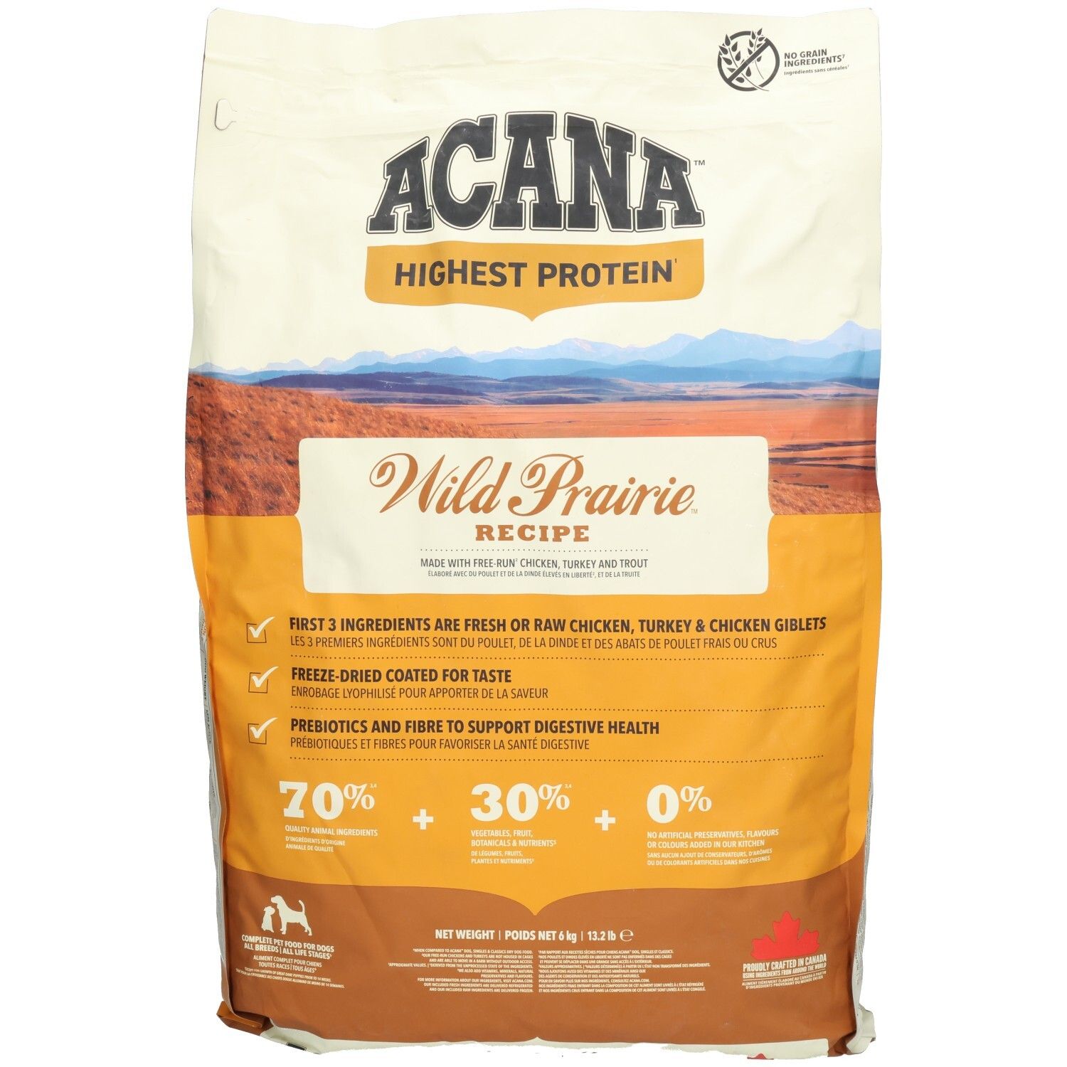 Sac ACANA HIGH PROT WILD PRAIRIE DOG. Inscription: Highest Protein, Wild Prairie Recipe. Contient 70% d'ingrédients animaux.