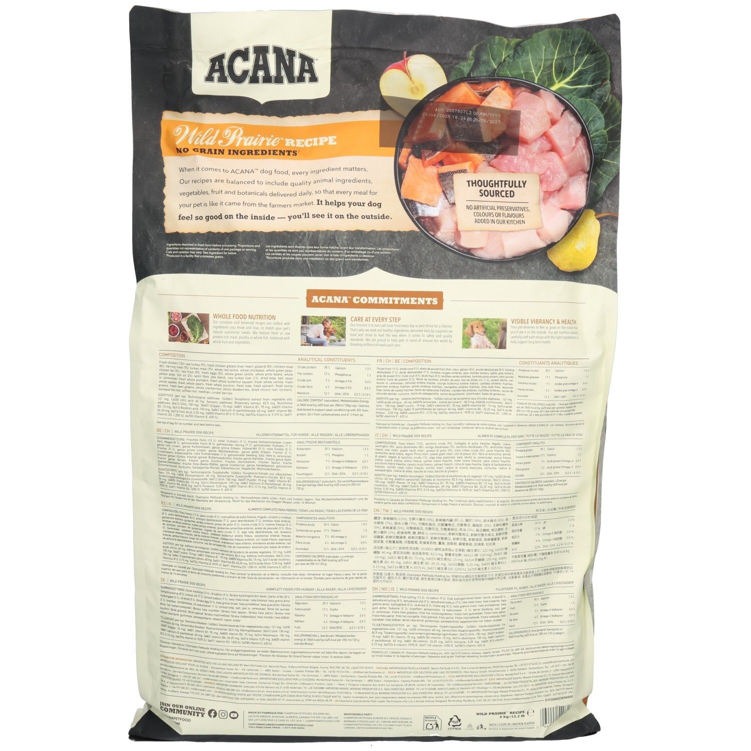 Dos du sac ACANA HIGH PROT WILD PRAIRIE DOG. Texte: Wild Prairie Recipe, No Grain Ingredients. Illustration d'ingrédients.