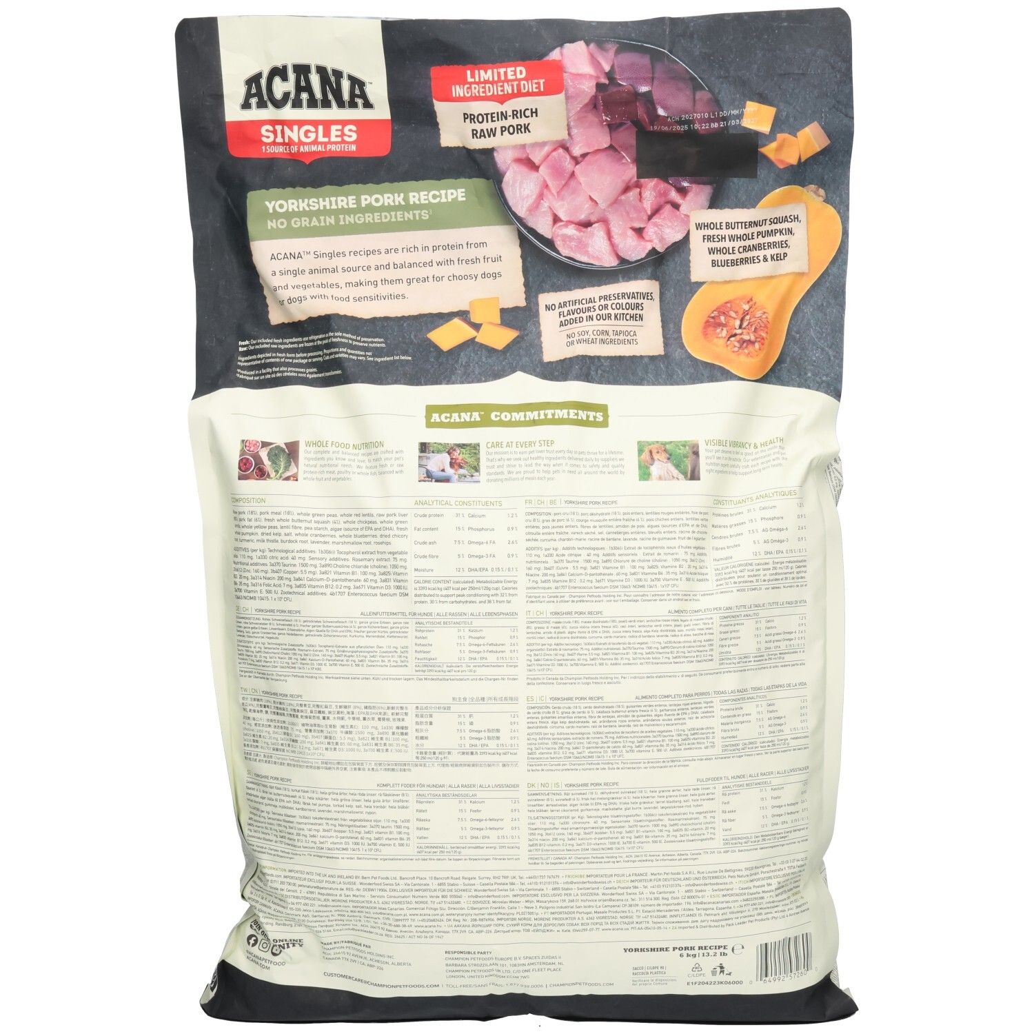 Dos du sac ACANA SINGLES YORKSHIRE PORK. Contient du texte et des illustrations d'ingrédients tels que le porc et la citrouille. Marque ACANA.