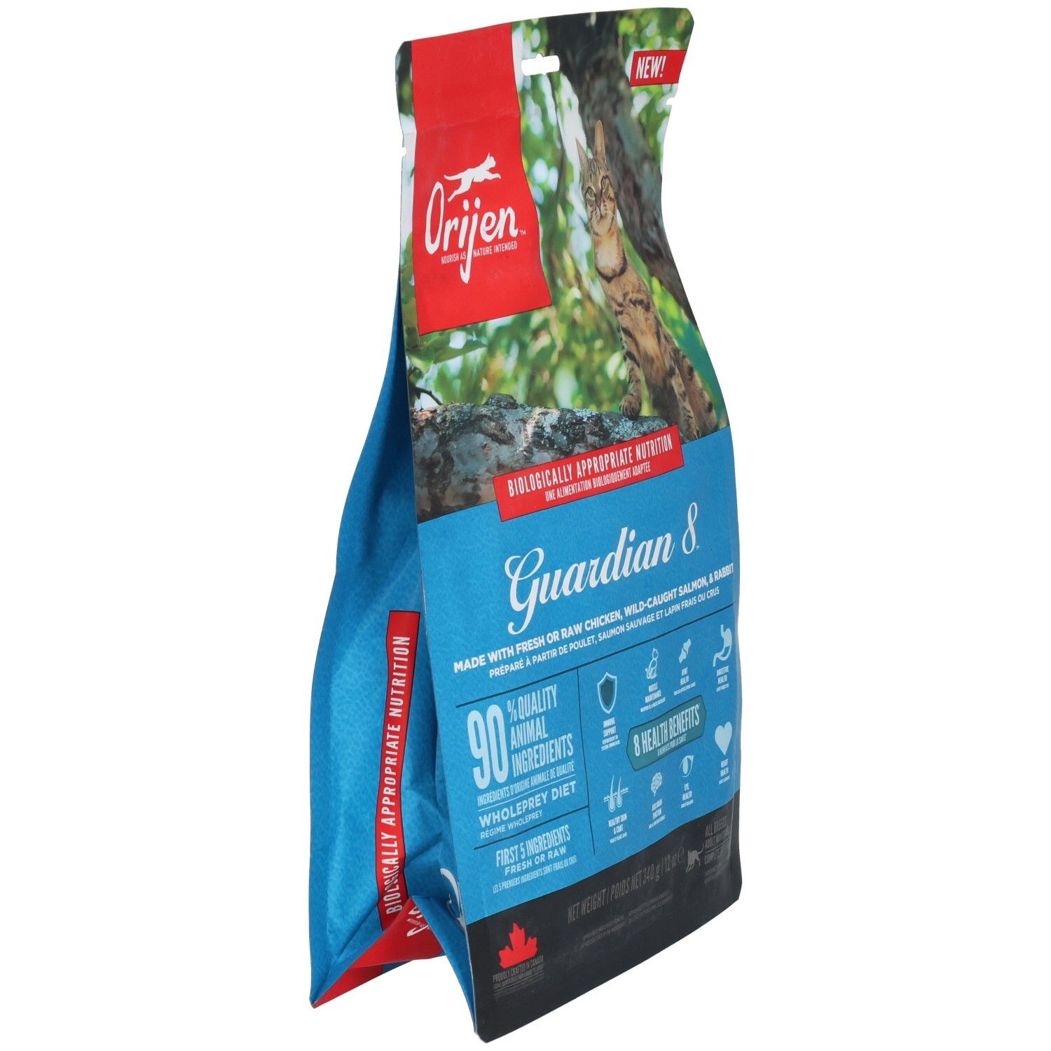 Avant d'un sac de nourriture pour chats "Orijen Guardian 8" avec un chat et les caractéristiques du produit.