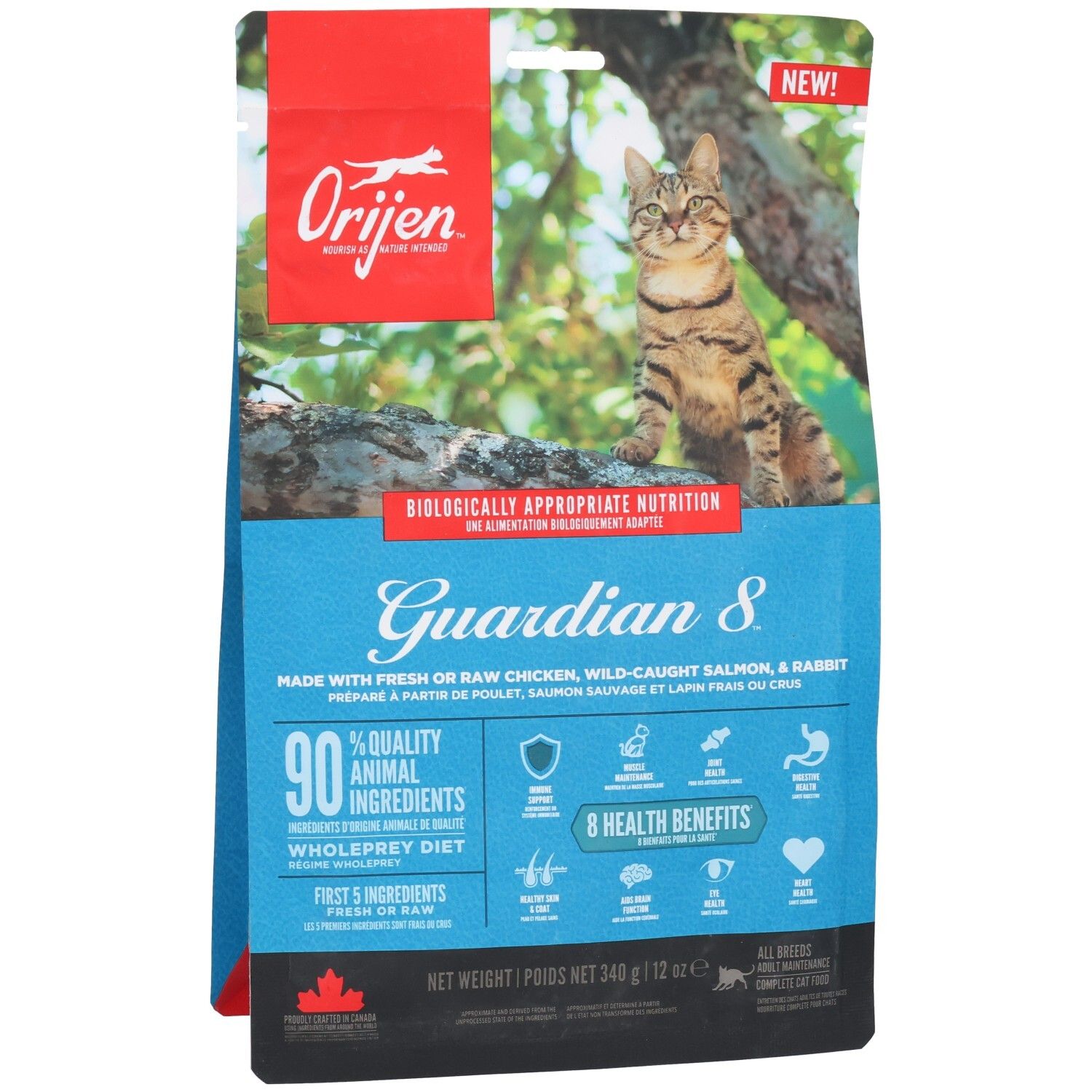 Avant d'un sac de nourriture pour chats "Orijen Guardian 8" avec un chat et les caractéristiques du produit.