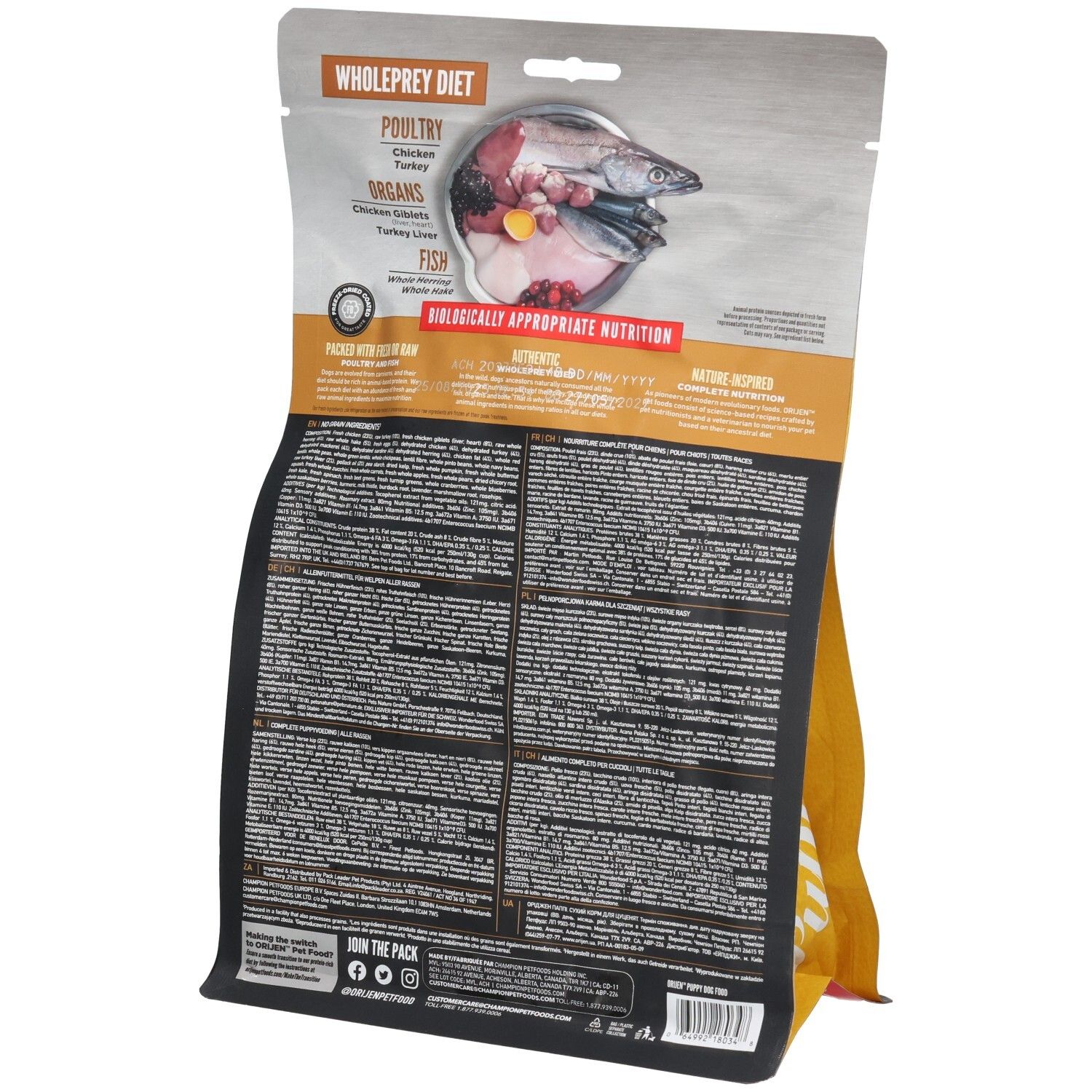 Dos du sac ORIJEN. Texte: Wholeprey Diet, volaille, dinde, poisson. Liste des ingrédients. Illustrations de viande et poisson.
