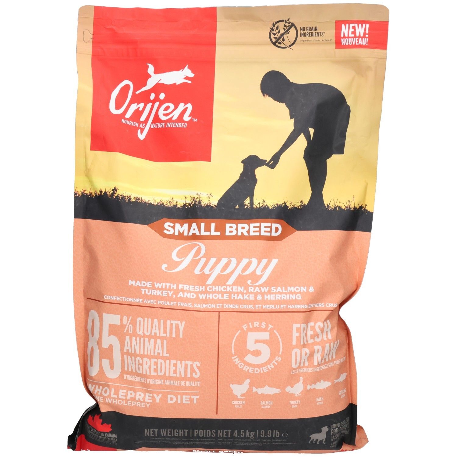 Sac ORIJEN Puppy Small Breed. Logo rouge, texte: 85% ingrédients animaux, Wholeprey Diet. Image: chien et personne.