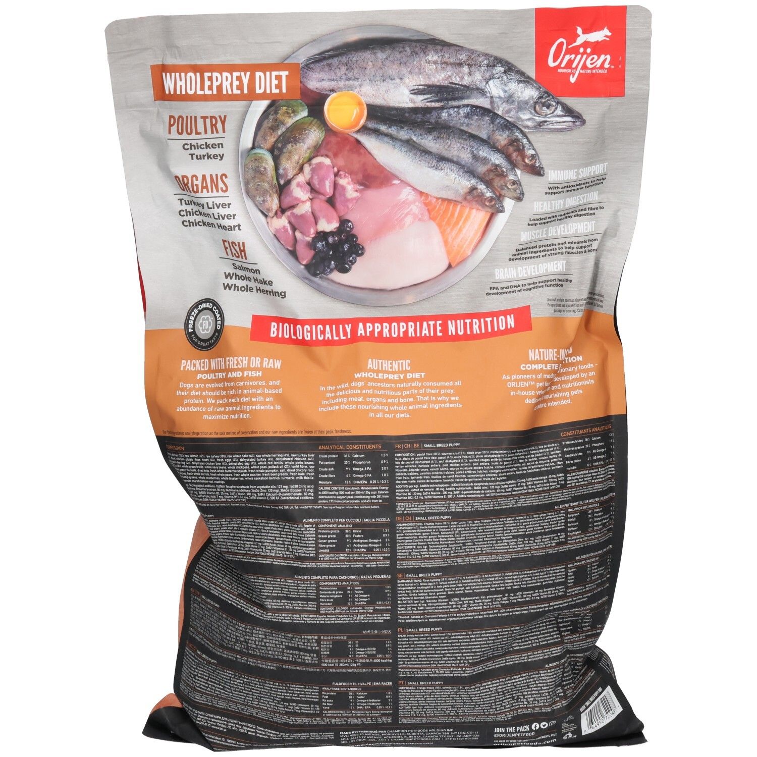 Dos du sac ORIJEN Puppy Small Breed. Texte: Wholeprey Diet, poulet, dinde, organes, poisson. Nutrition biologiquement appropriée.
