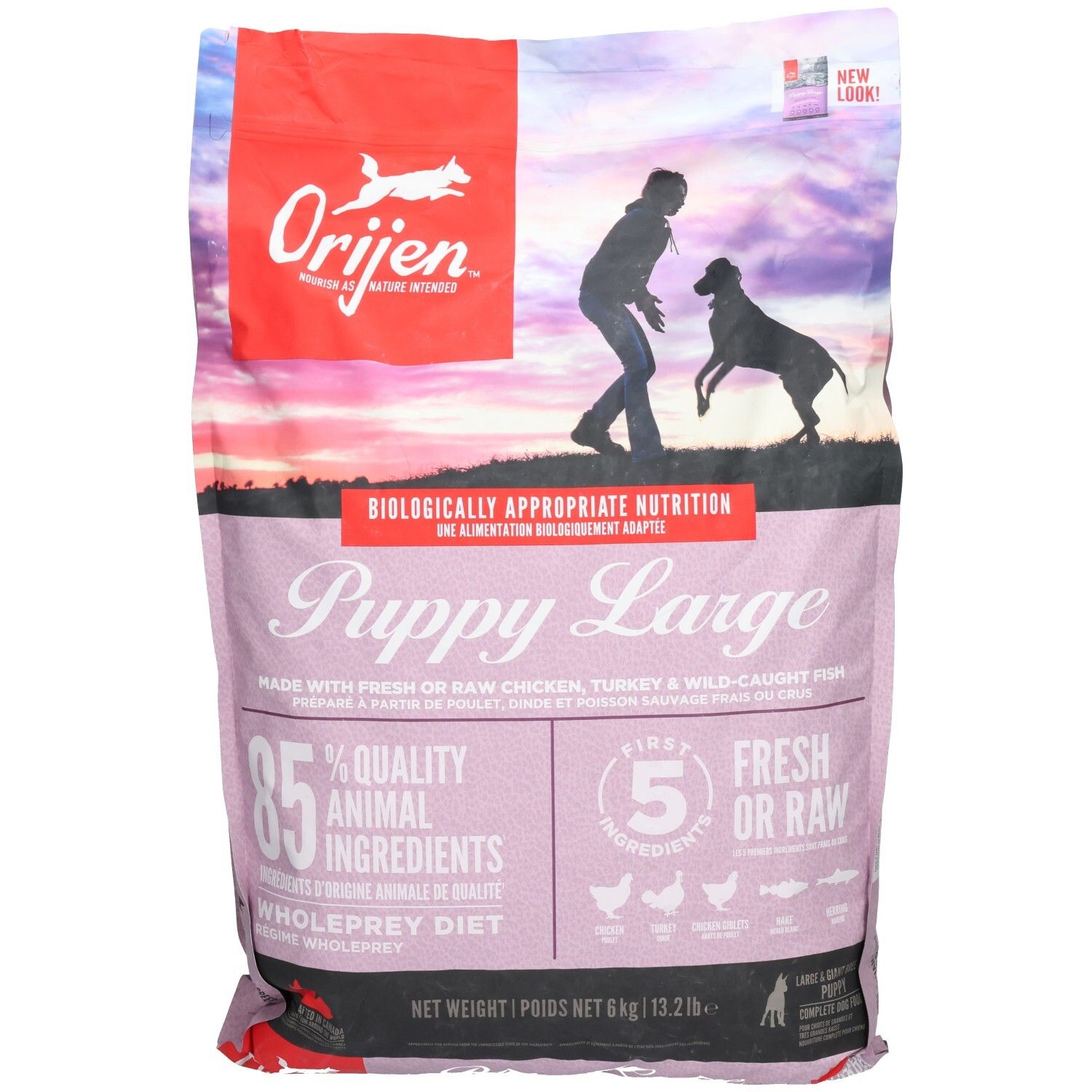 Sac rose ORIJEN Puppy Large. Contient 85% d'ingrédients d'origine animale. Illustration d'un chien et d'une personne.