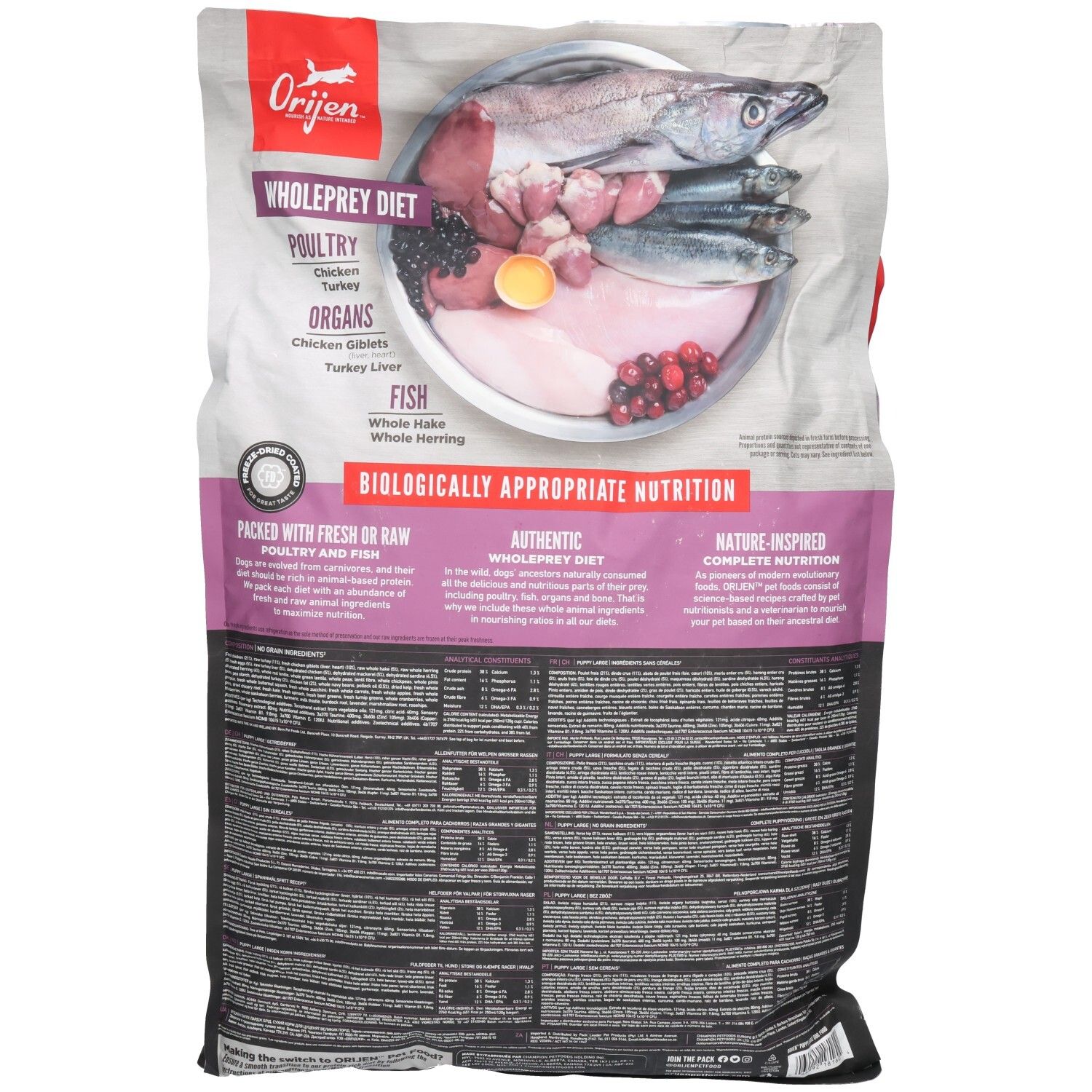 Dos du sac ORIJEN. Contient des informations nutritionnelles. Illustration d'ingrédients comme du poisson et des abats.