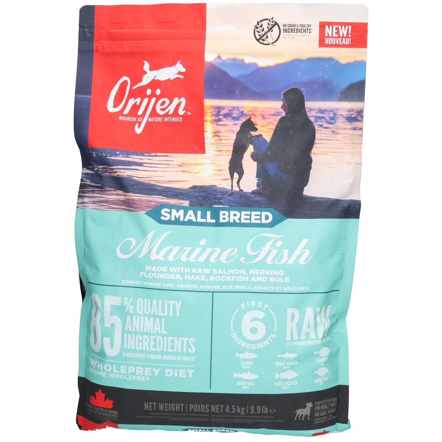 Sac de nourriture pour chiens Orijen. Inscription : "Small Breed Marine Fish". Contient du poisson. 85% ingrédients animaux. 4,5 kg net.