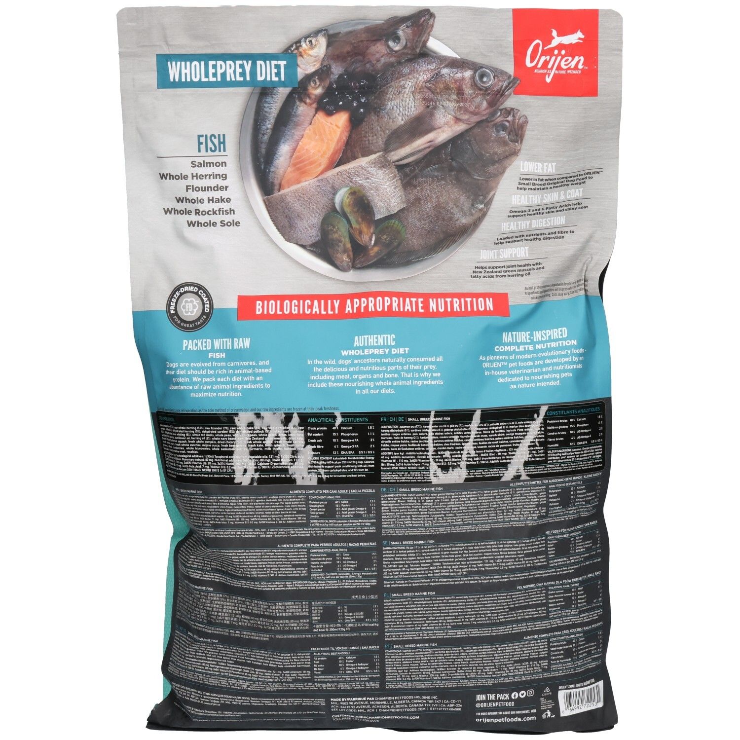 Dos du sac de nourriture pour chiens Orijen. Inscription : "Wholeprey Diet Fish". Contient du poisson. Informations nutritionnelles.