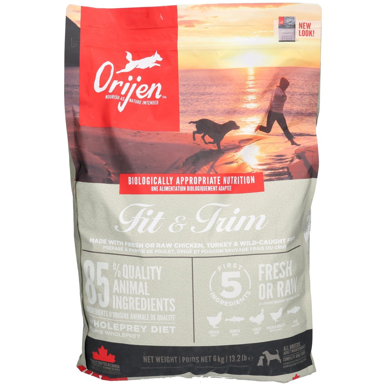 Sac de nourriture pour chiens Orijen Fit & Trim. Contient 85% d'ingrédients d'origine animale. Poids net 6 kg.