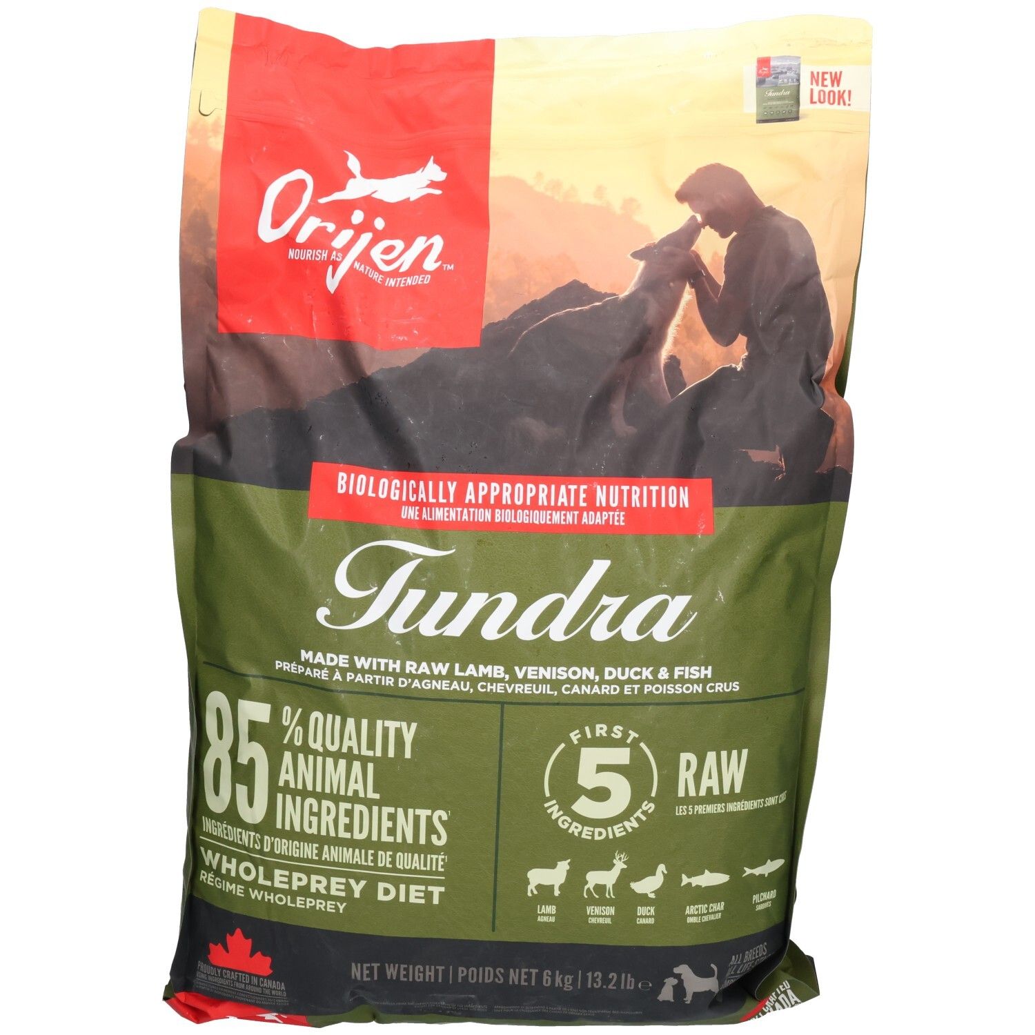 Sac de nourriture pour chiens Orijen Tundra. Design vert et rouge. Contient 85% d'ingrédients animaux. Aliment cru. Sac de 6 kg.