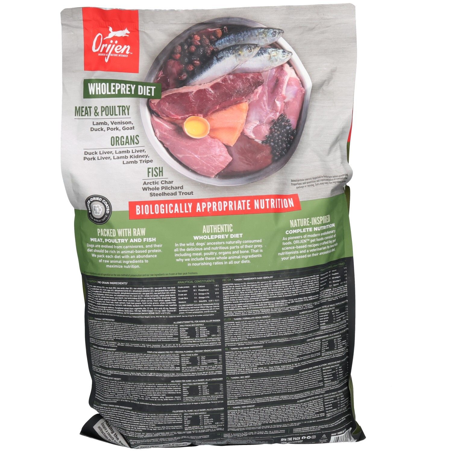 Dos du sac de nourriture pour chiens Orijen. Contient de la viande, de la volaille, des organes et du poisson. Nutrition biologiquement appropriée.