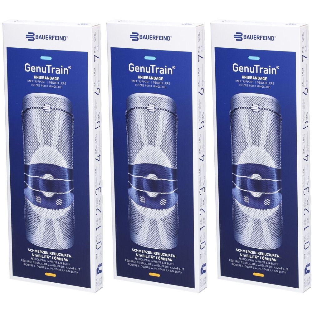 Trois boîtes de l'orthèse de genou GenuTrain de Bauerfeind. L'orthèse est visible dans l'emballage. Couleurs bleu et blanc.