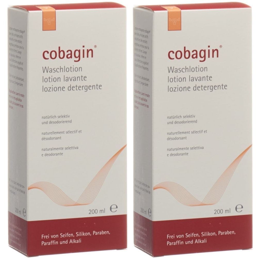 Deux boîtes rectangulaires avec impression du produit. Inscription : cobagin Waschlotion. Autres lignes de texte en français et italien. En bas : 200 ml.
