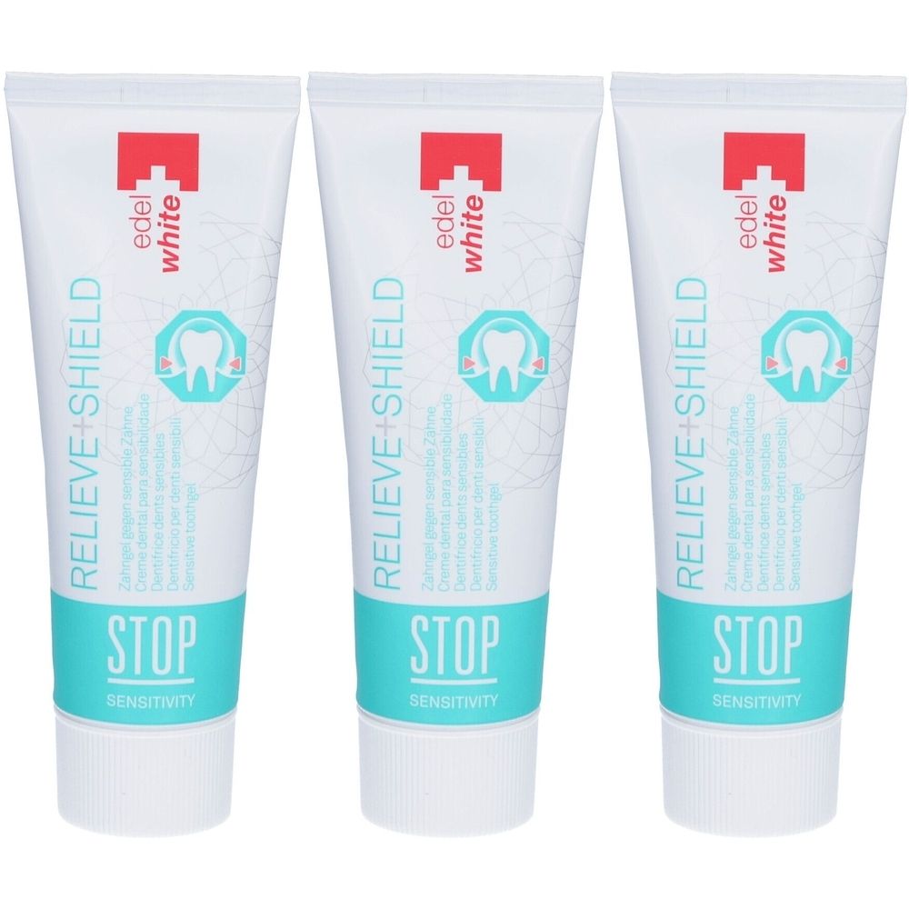Trois tubes de gel dentaire. Blanc, avec logo rouge et accents turquoise. Inscription: RELIEVE SHIELD, STOP SENSITIVITY.