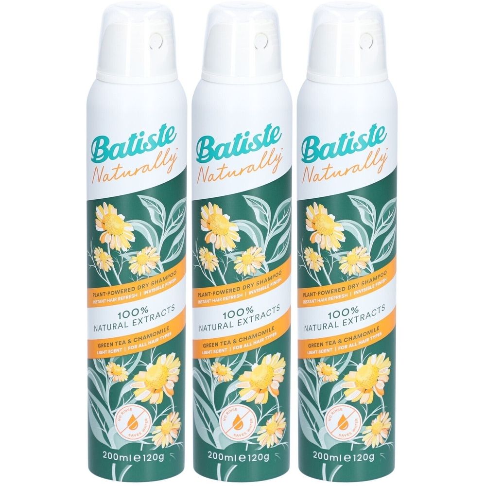 Trois flacons de shampooing sec. Inscription: Batiste Naturally, 100% Natural Extracts, Green Tea & Chamomile. 200ml e 120g.