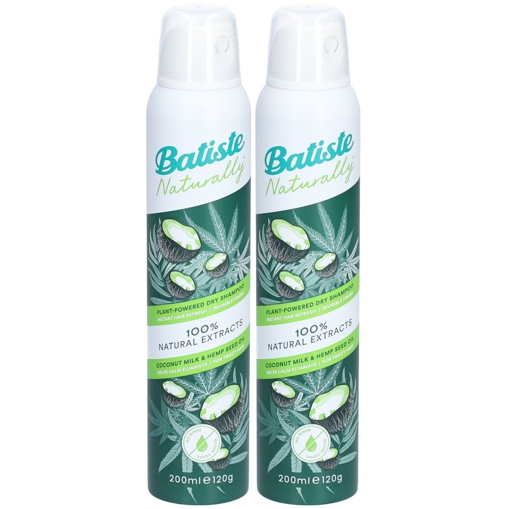 Deux flacons de spray blancs avec un design vert. Inscription : Batiste Naturally, 100% extraits naturels, lait de coco et huile de graines de chanvre.