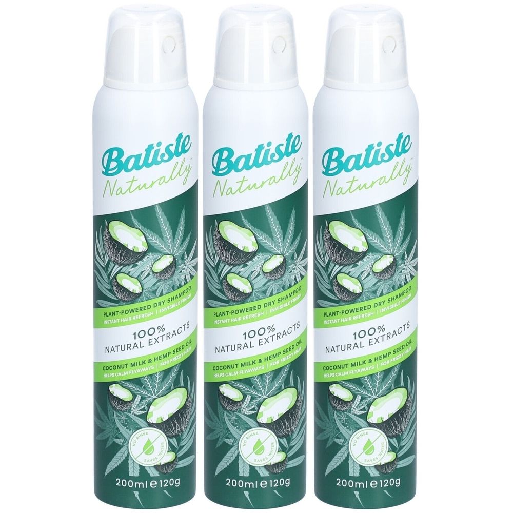 Trois flacons de shampooing sec. Inscription : Batiste Naturally, 100% Natural Extracts, Coconut Milk & Hemp Seed Oil. 200ml e 120g.