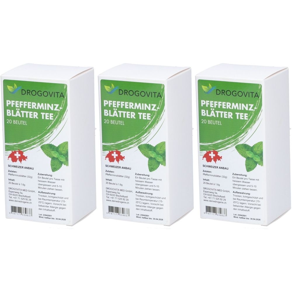 Trois boîtes blanches avec impression. Chaque boîte affiche "DROGOVITA PFEFFERMINZ-BLÄTTER TEE 20 BEUTEL". Croix suisse et illustration de menthe.