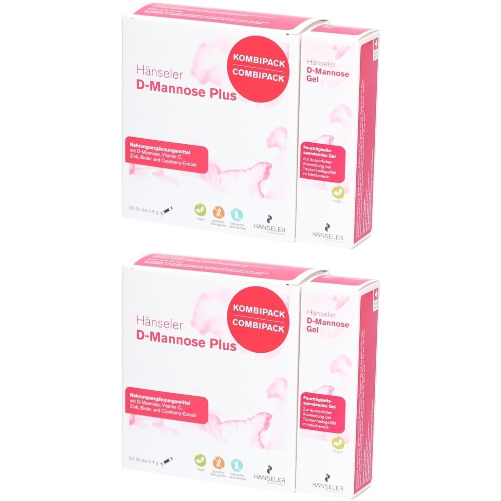 Deux boîtes Hänseler D-Mannose Plus. Emballages blancs avec des accents roses et des noms de produits. Inscription "Kombipack".