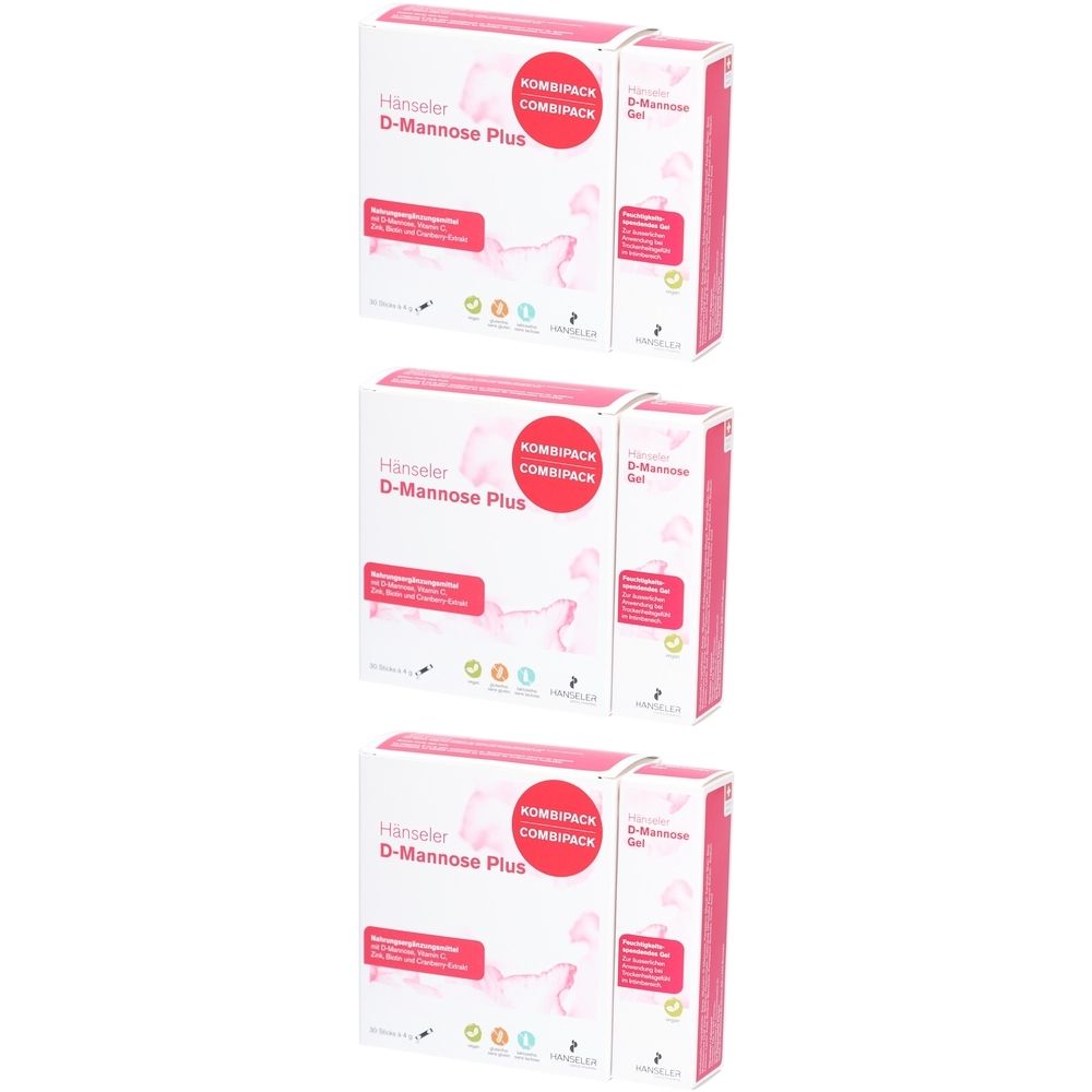Trois boîtes combinées blanches. Inscription : "Hinseler D-Mannose Plus" et "COMBIPACK". Accents roses.
