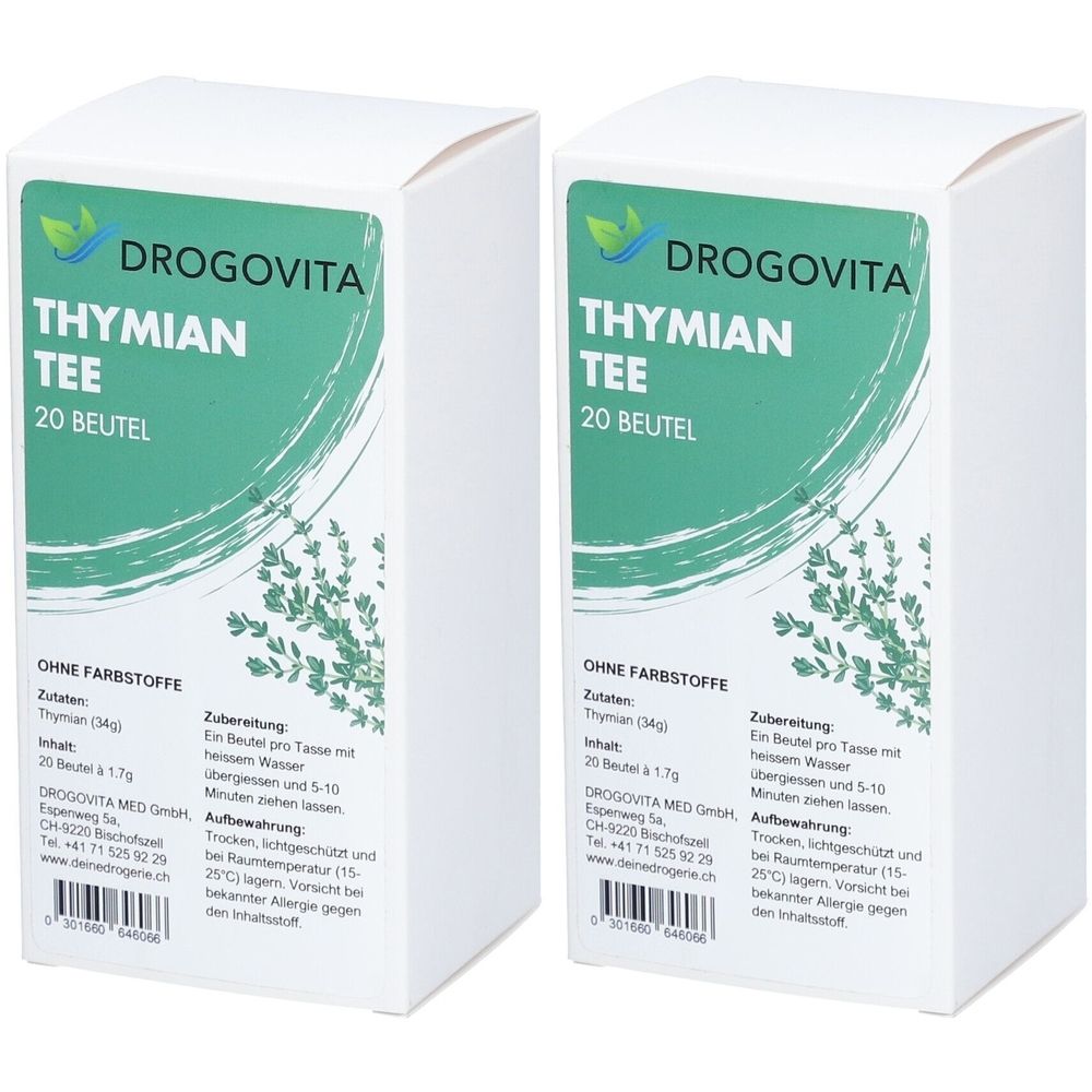 Deux boîtes blanches avec étiquettes vertes. Inscription : DROGOVITA Thymian Tee, 20 sachets. Sans colorants. Emballage du produit.