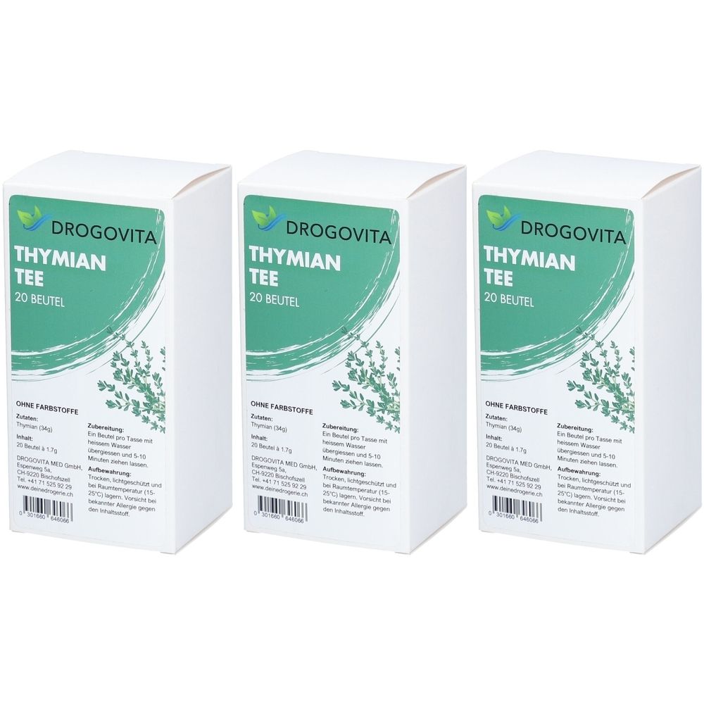 Trois boîtes blanches avec étiquette verte. Inscription: DROGOVITA Thymian Tee, 20 sachets. Sans colorants.
