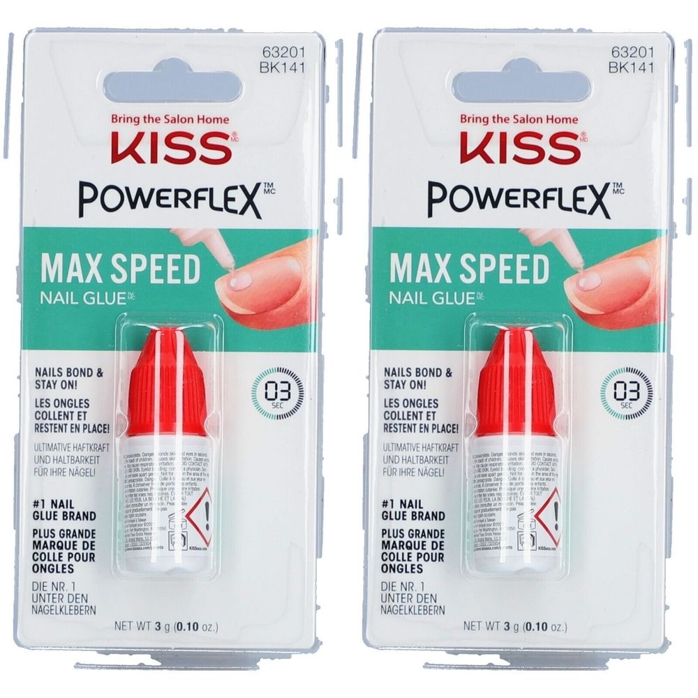 Deux paquets de colle à ongles KISS Powerflex Max Speed. Flacon rouge avec étiquette blanche, emballage blister.